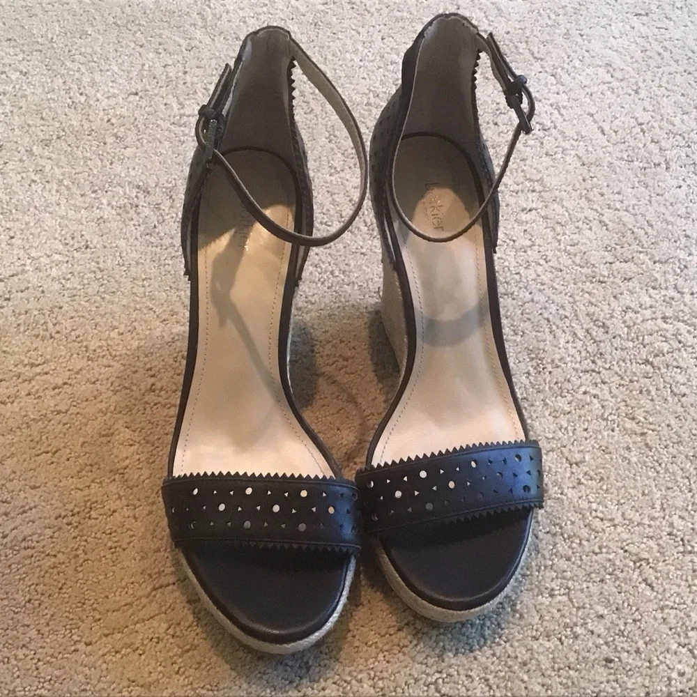 Botkier Jamie Perforated Black Leather‎ Espadrilles Platform Wedge Heels 10